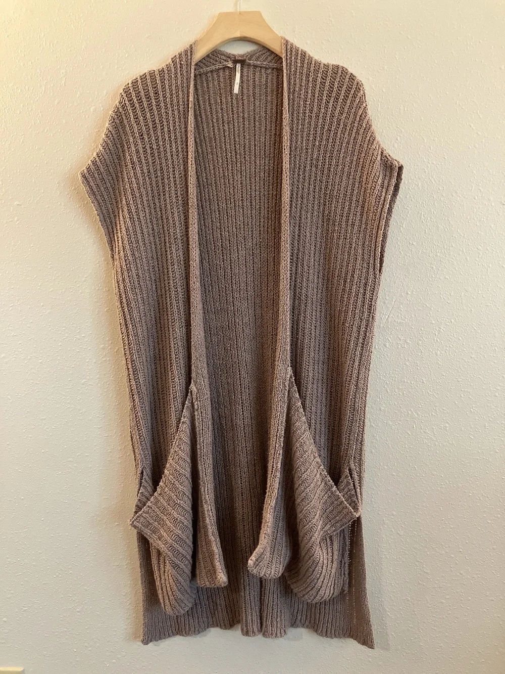 Free People Sleeveless Open Vest Cardigan Sweater Patch Pockets “Sloppy-Cardi”
